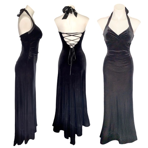 v i n t a g e :: Gorgeous Black Velvet Corset Tie Halter Maxi Dress - Picture 4 of 14